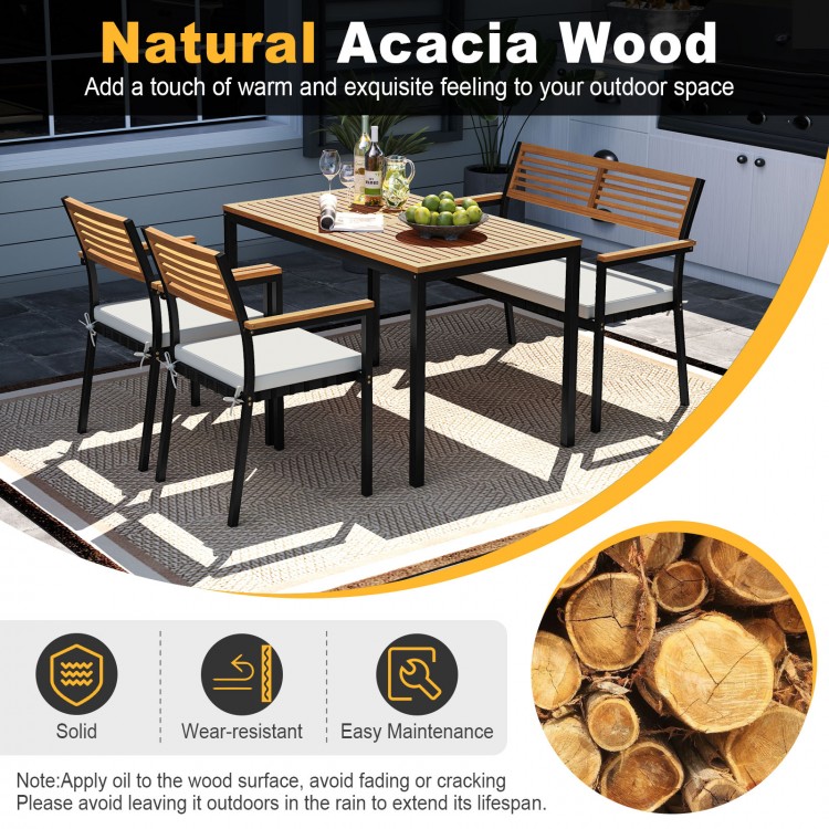 4-piece outdoor dining chair set featuring natural acacia wood, sturdy metal frame, and stackable chairs for.