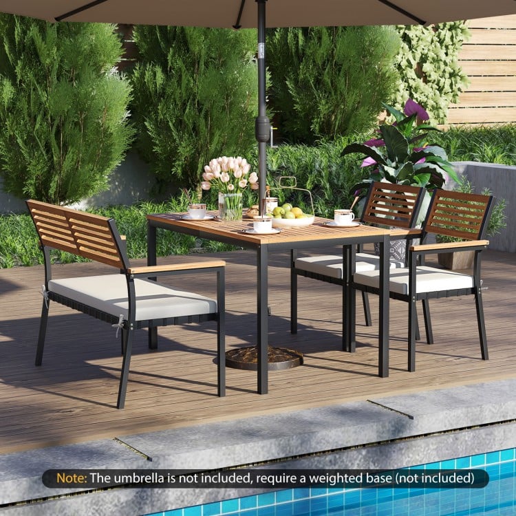 4-piece patio dining set featuring acacia wood chairs and table, ideal for outdoor meals and relaxation by the pool.