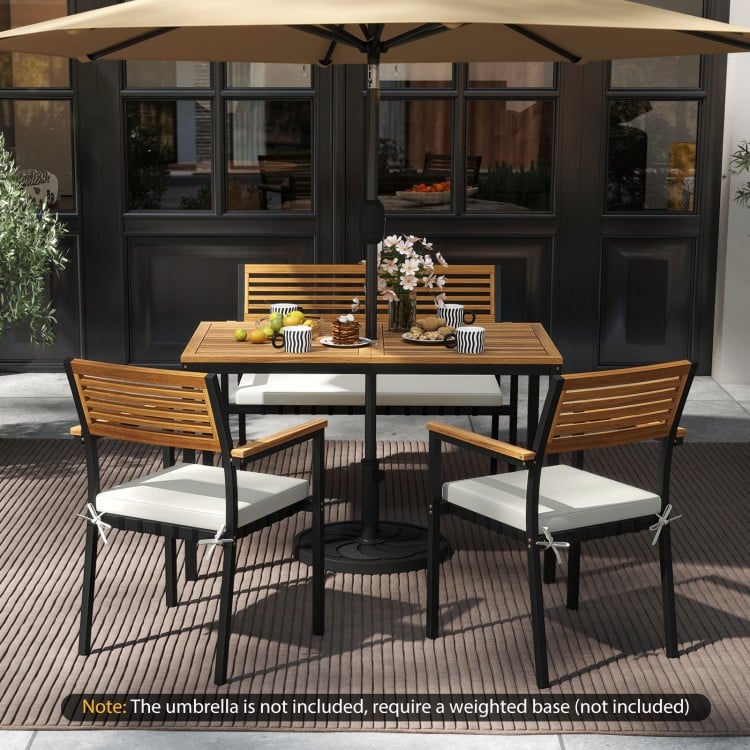 4-piece outdoor dining set featuring natural acacia wood chairs and table, perfect for patio meals and relaxation.