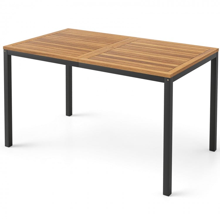 Acacia wood outdoor dining table with a sturdy metal frame, perfect for patio meals and gatherings.