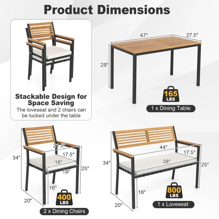 4-piece patio furniture set featuring a dining table and stackable chairs made of natural acacia wood for outdoor use.