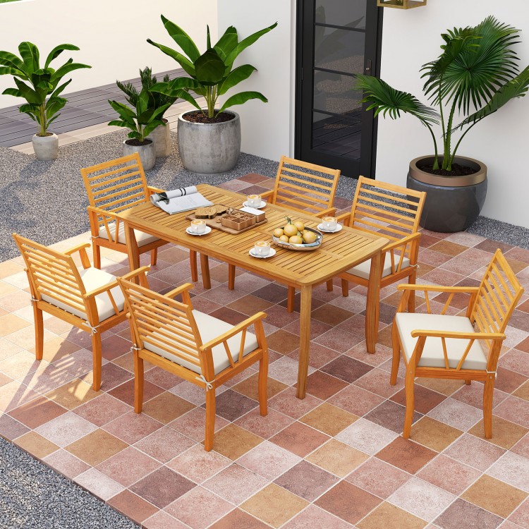 Acacia wood patio dining chairs with removable cushions, ergonomic backrest, and rustic charm for outdoor dining.