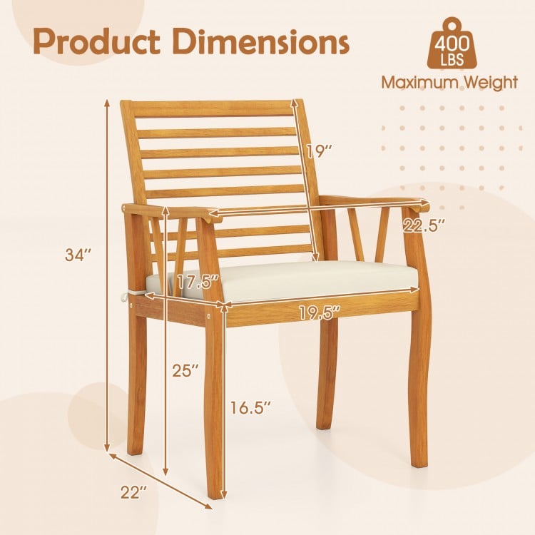 Acacia wood patio dining chair dimensions with removable cushions, ergonomic backrest, and rustic charm for outdoor use.