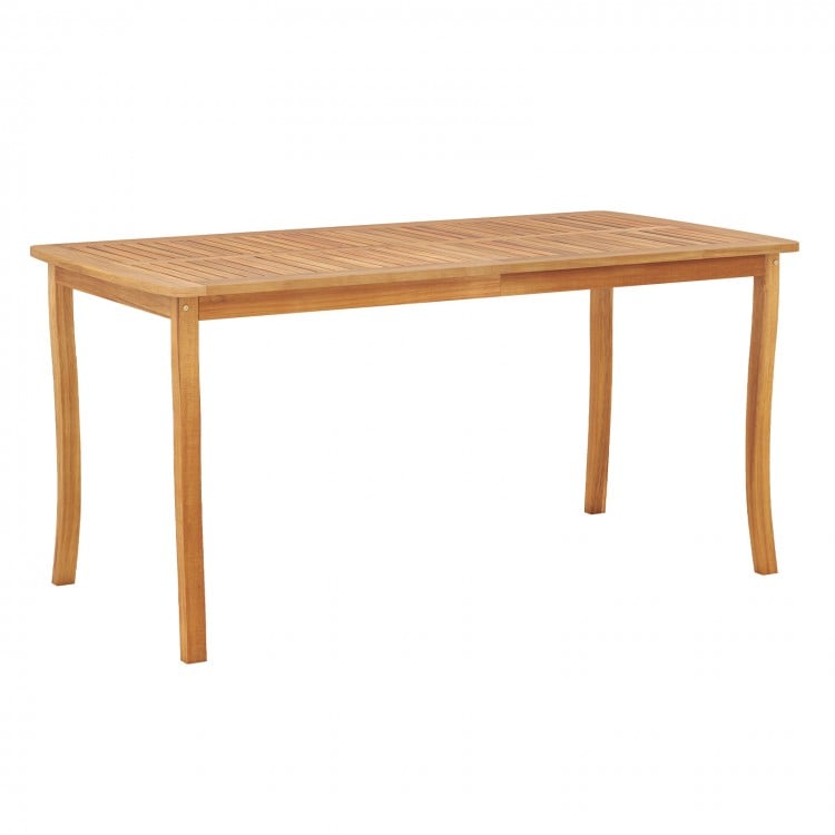 63-inch outdoor dining table made of acacia wood with slatted design, umbrella hole, and elegant curved legs for patio.