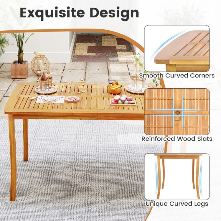 63-inch outdoor dining table with acacia wood, smooth curved corners, and unique curved legs for elegant patio dining.