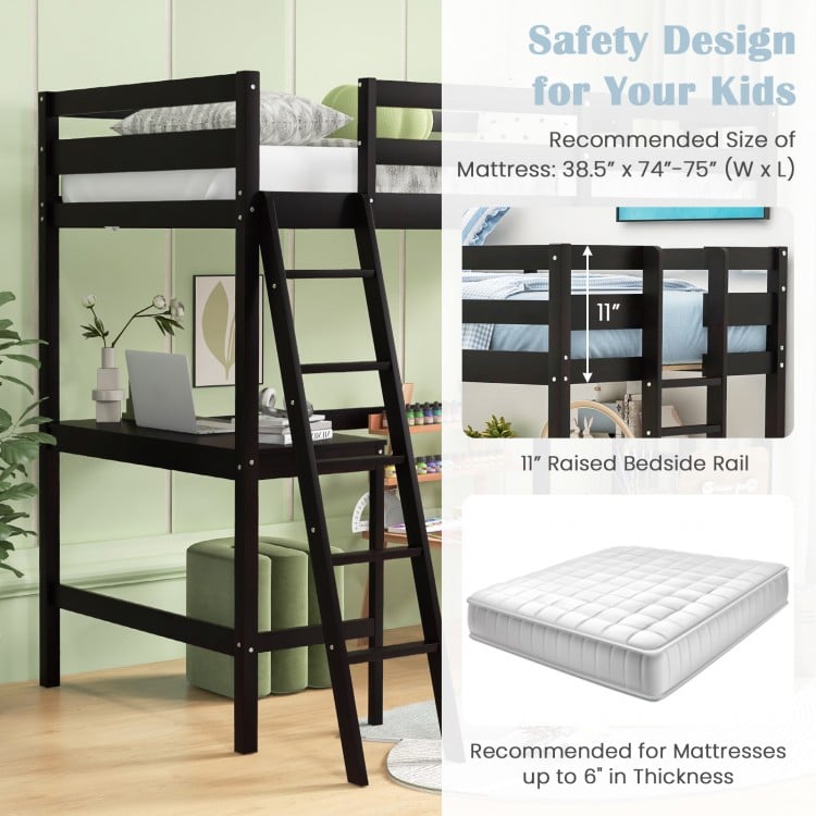 Twin size loft bed frame in dark brown with built-in desk and protective guardrail, ideal for kids' rooms.