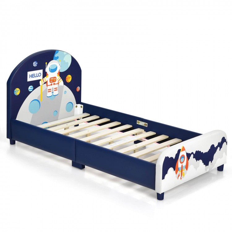 Kids upholstered platform bed with astronaut design, headboard and footboard, suitable for standard twin mattress.