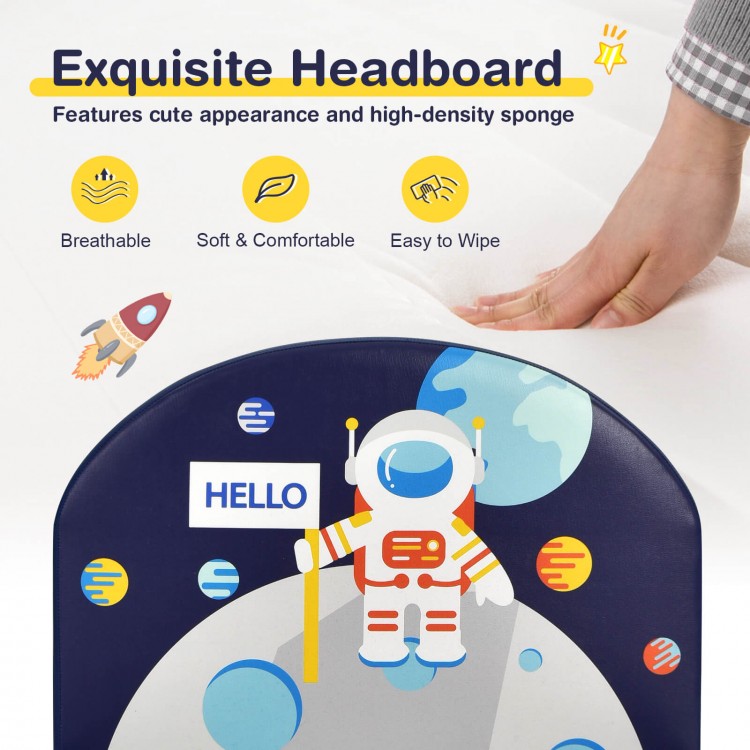 Kids upholstered platform bed headboard featuring a cute astronaut design, high-density sponge, and waterproof PVC for.