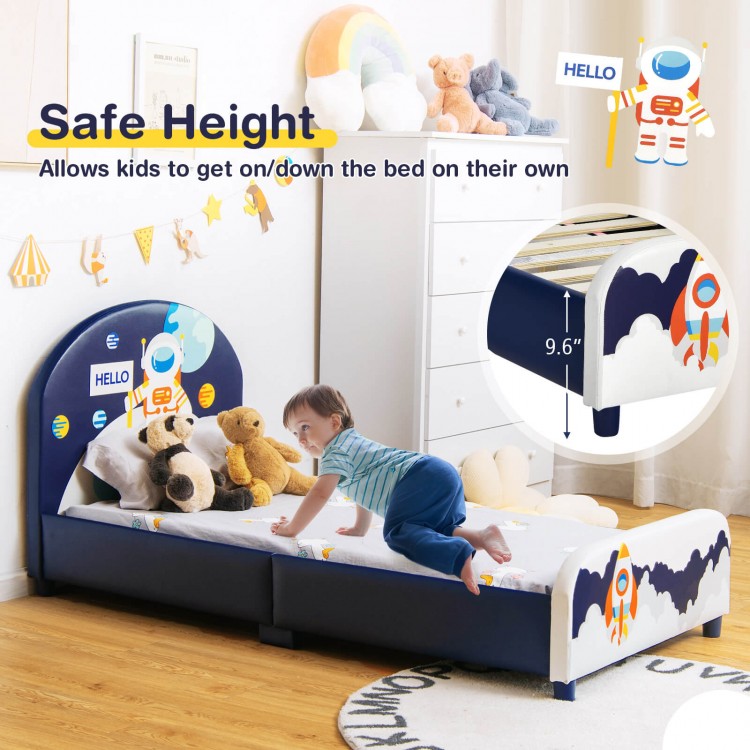 Kids upholstered platform bed with astronaut design, safe height for easy access, and sturdy wooden slats for support.