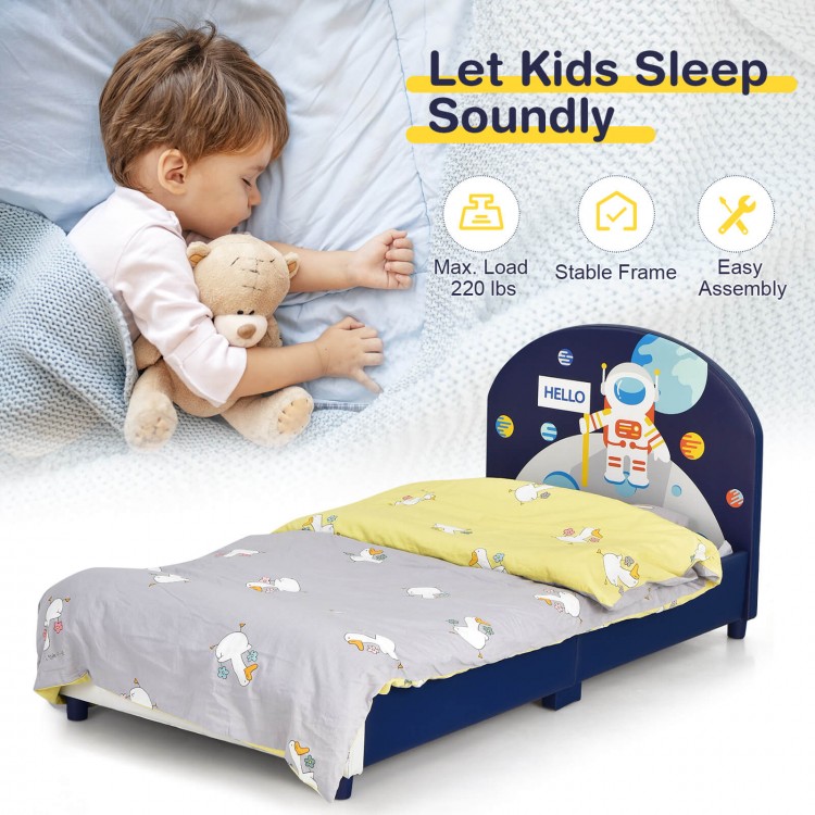 Kids upholstered platform bed with headboard, footboard, and cute patterns, ideal for twin mattresses and safe use.