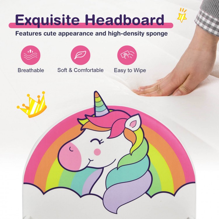 Upholstered twin bed with unicorn headboard, high-density sponge, and smooth edges for kids' safety and comfort.