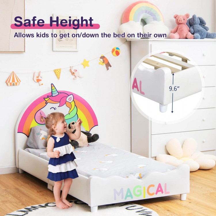 Children's twin size upholstered platform bed with a unicorn headboard, designed for safe and easy access for kids.