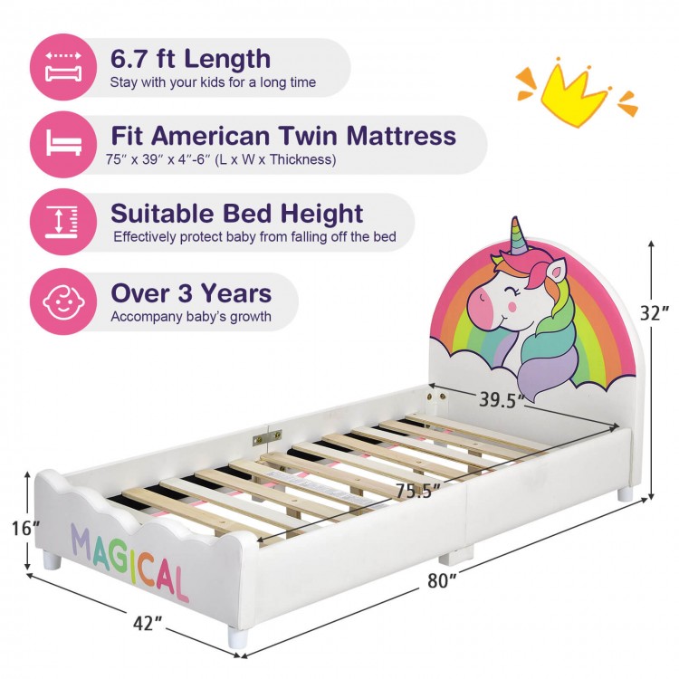 Children's twin size upholstered platform bed with unicorn headboard, suitable for standard twin mattress, ideal for.