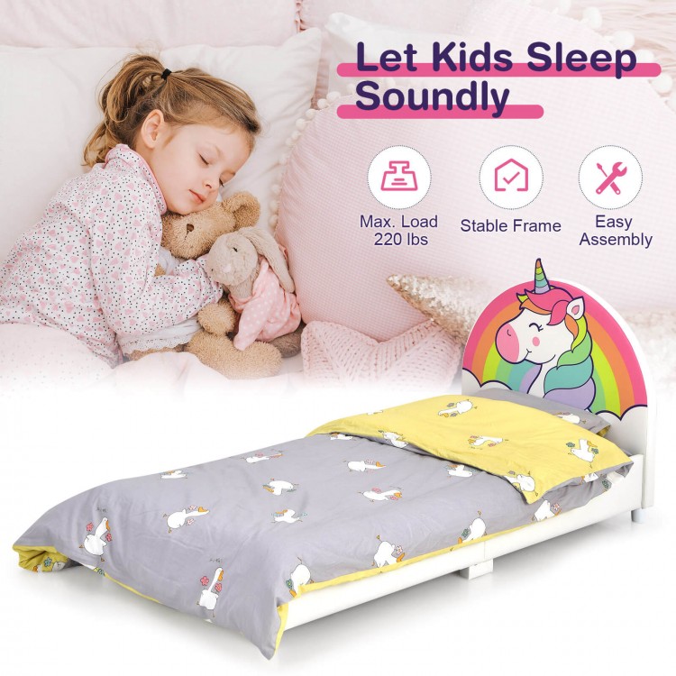 Children's twin size upholstered platform bed with unicorn headboard, sturdy frame, and smooth edges for safety.