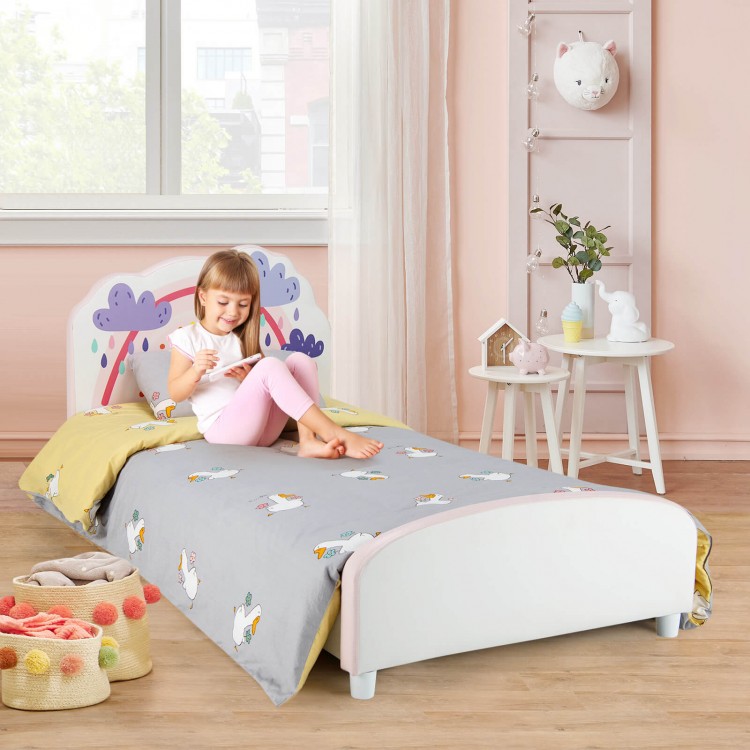 Kids Twin Size Upholstered Platform Wooden Bed with Rainbow Pattern | Costway