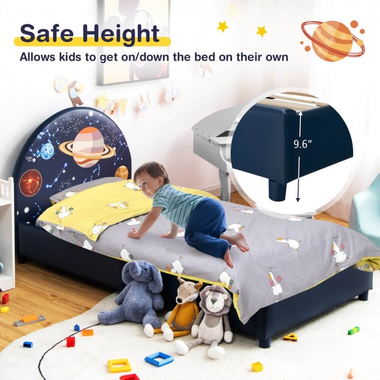 Twin size upholstered children's bed with a padded headboard, safe height for easy access, and playful space-themed.