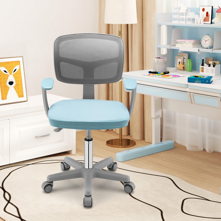 Adjustable desk chair for kids in blue with ergonomic design, armrests, and 360-degree swivel for comfort and support.