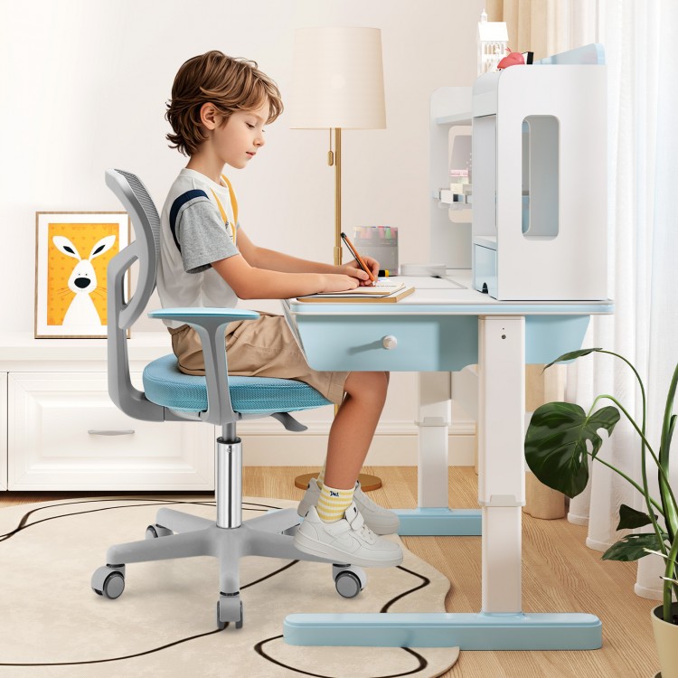 Adjustable blue desk chair for kids with ergonomic design, armrests, and 360-degree swivel for comfortable study.