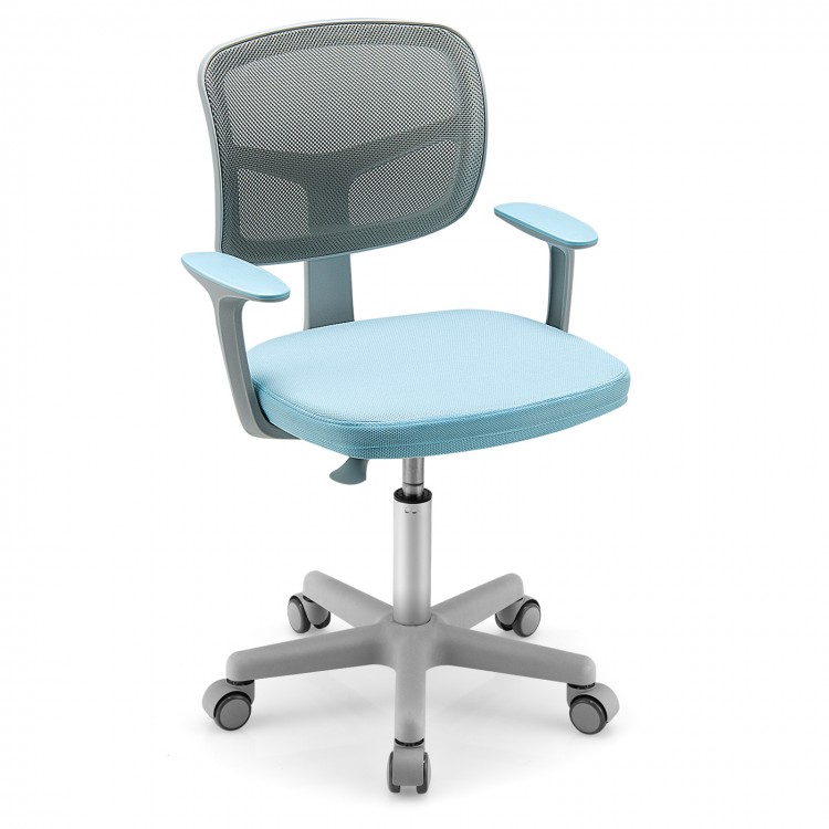 Blue adjustable desk chair for kids with mesh back, height range of 31.5 to 36 inches, and comfortable upholstered seat.