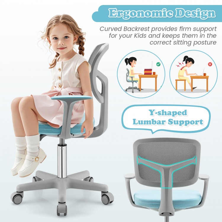 Adjustable desk chair for kids in blue with ergonomic design, lumbar support, and 360-degree swivel for comfort.