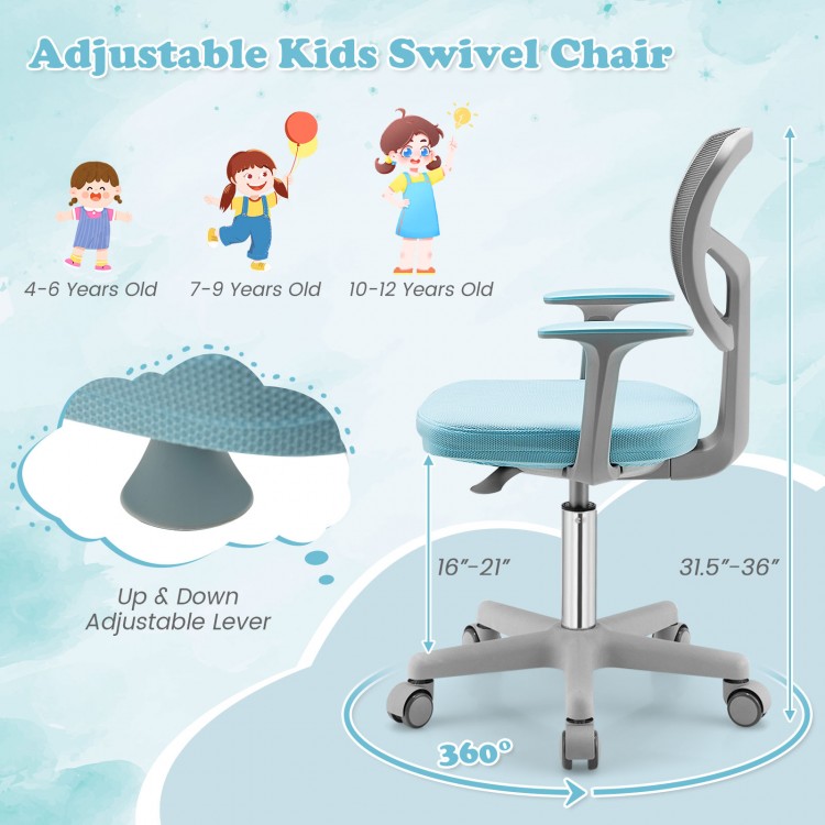 Adjustable kids swivel chair in blue with ergonomic design, height adjustment, and 360-degree swivel for comfort.