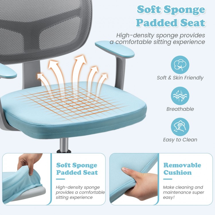Soft padded seat of the adjustable desk chair in blue, featuring breathable mesh and removable cushion for easy.