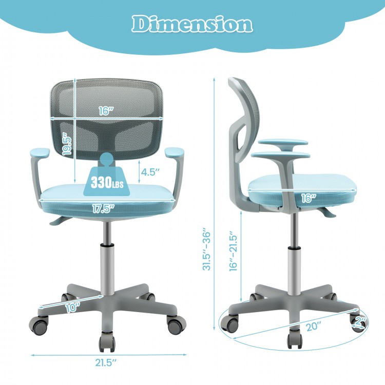 Adjustable desk chair dimensions with ergonomic design, blue mesh fabric, and height range of 31.5 to 36 inches.
