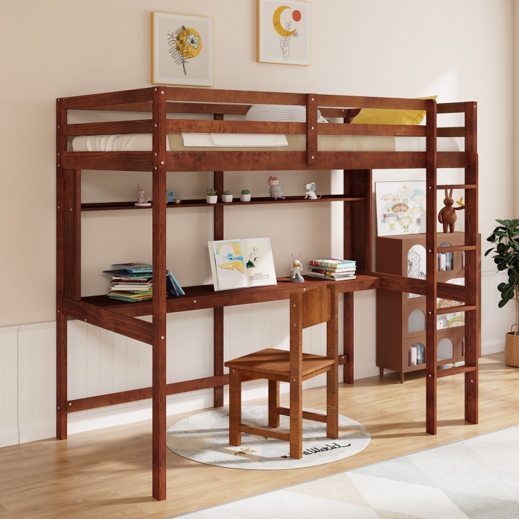 Twin size solid wood slatted loft bed frame in brown with desk and storage shelf, featuring safety guardrails for kids.