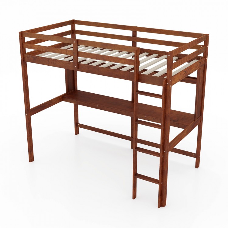 Twin size solid wood slatted loft bed frame in brown with safety guardrails and integrated ladder for kids' rooms.