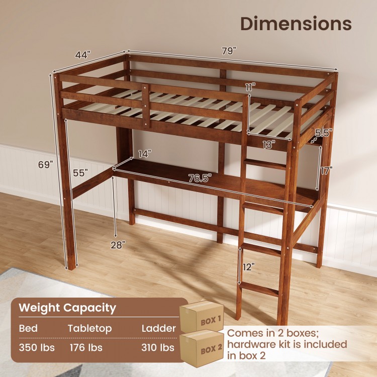 Twin size solid wood slatted loft bed frame in brown with safety guardrail, integrated ladder, and desk for kids.