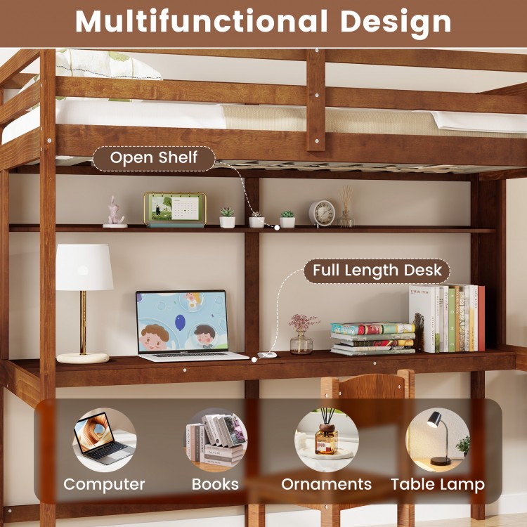 Twin size solid wood loft bed frame with integrated desk and open shelf, designed for optimal space utilization in.