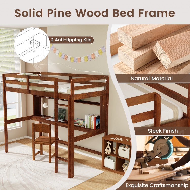 Twin size solid pine wood loft bed frame with safety guardrail, integrated desk, and storage shelf in brown finish.