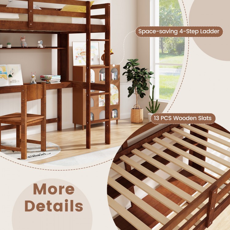 Twin size solid wood loft bed frame with integrated ladder, safety guardrails, and 13 wooden slats for sturdy support.