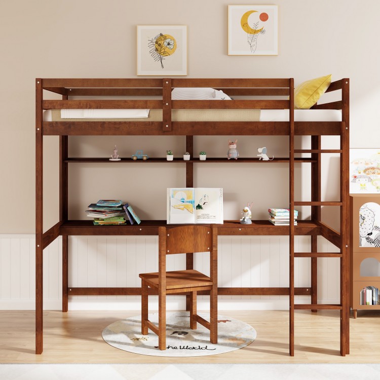 Twin size solid wood slatted loft bed frame in brown with desk, storage shelf, and safety guardrails for kids.