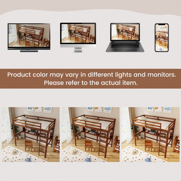Twin size solid wood loft bed frame in brown with safety guardrails, integrated ladder, desk, and storage shelf for.