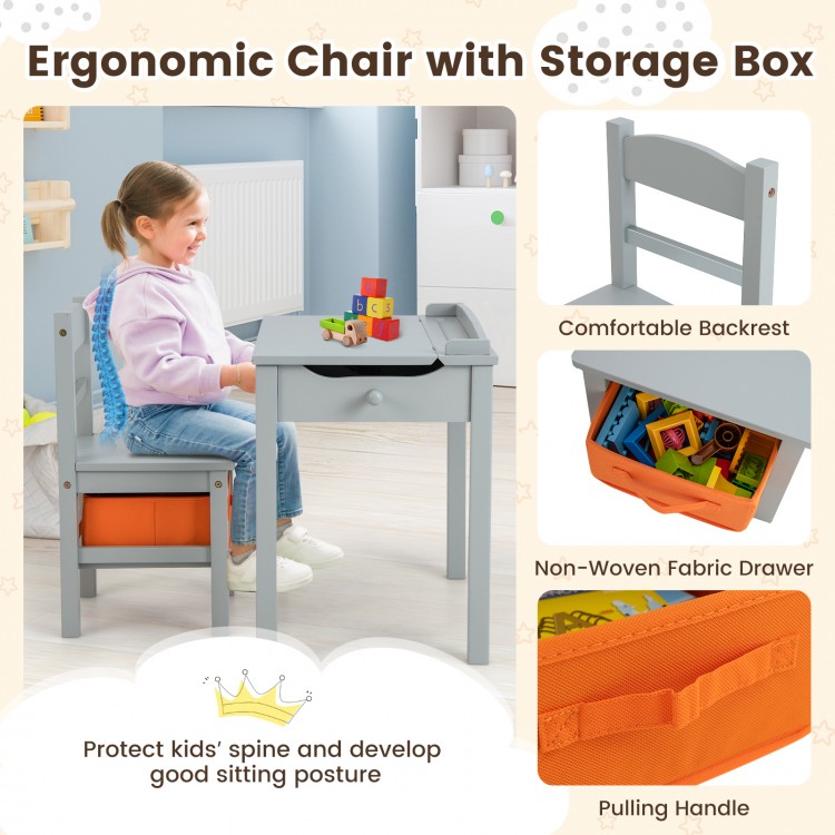 Gray wood activity kids' chair with storage box, featuring a comfortable backrest and safety hinge for secure use.