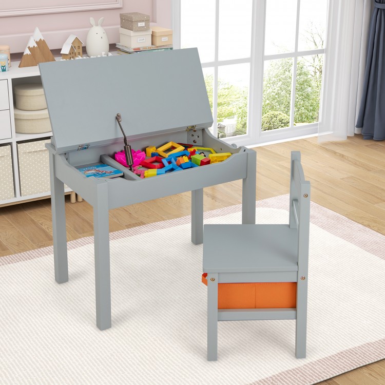 Gray wood activity kids table and chair set with storage, featuring a safety hinge and raised fence for secure play.