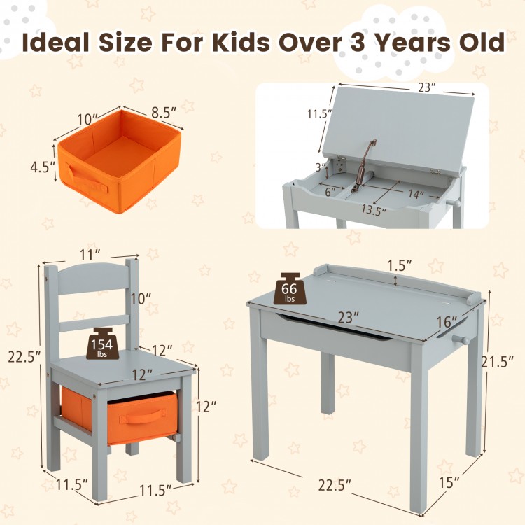 Gray wood activity kids table and chair set with storage, featuring a safety hinge and built-in pen slot for organized.