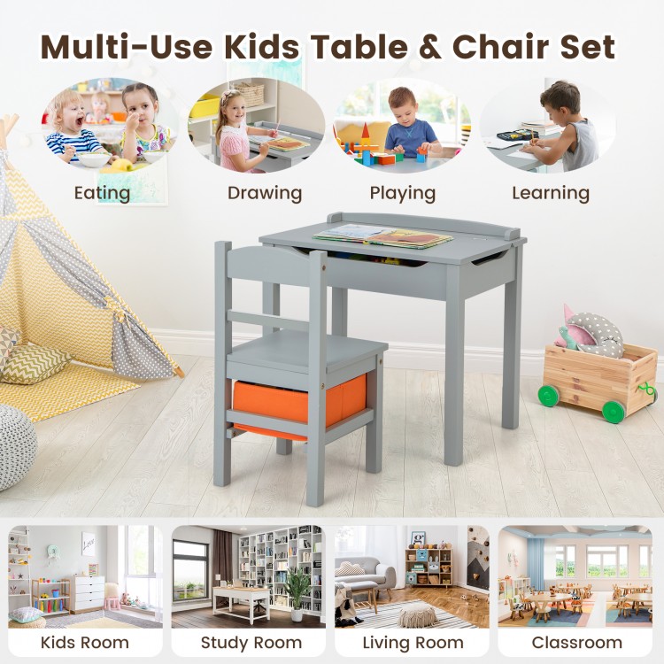 Gray wood activity kids table and chair set with storage, ideal for learning, drawing, and playing in kids' spaces.