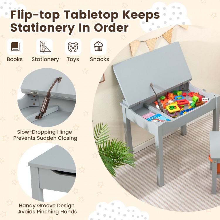 Wood activity kids table and chair set in gray with storage, featuring a flip-top tabletop for organizing toys and.