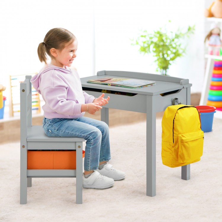 Kids' gray wood activity table and chair set with storage, featuring a raised fence and backpack hook for organized.
