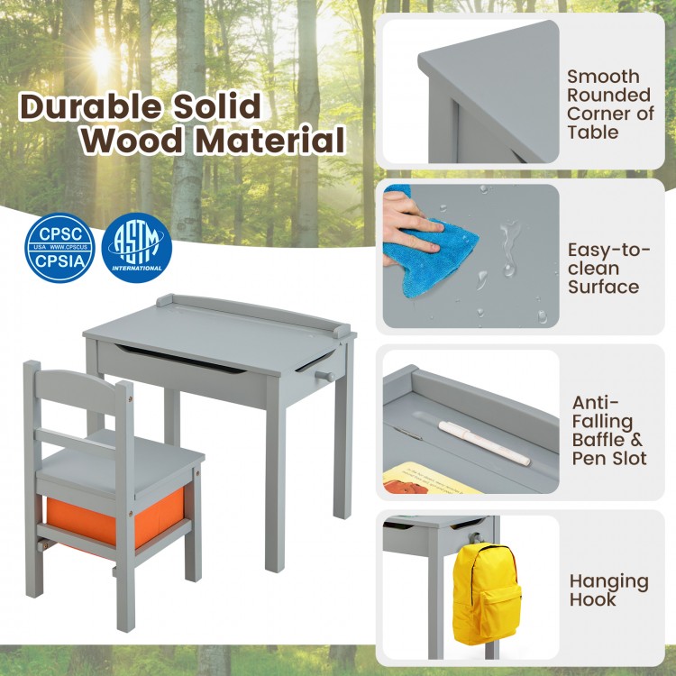 Gray wood activity kids table and chair set with storage, safety features, and raised fence for versatile use.