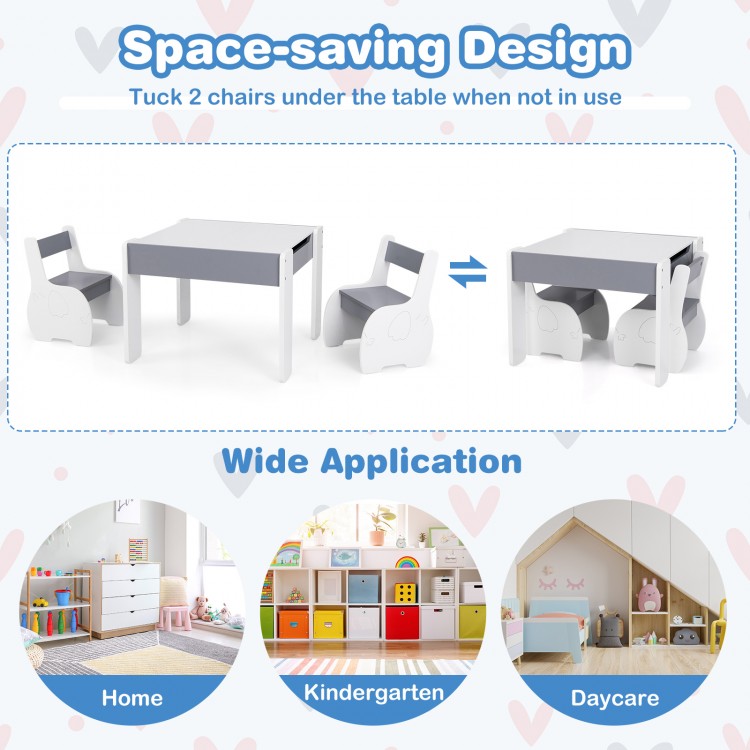 Gray 4-in-1 wooden kids table with detachable blackboard and two chairs, perfect for playrooms and daycares.