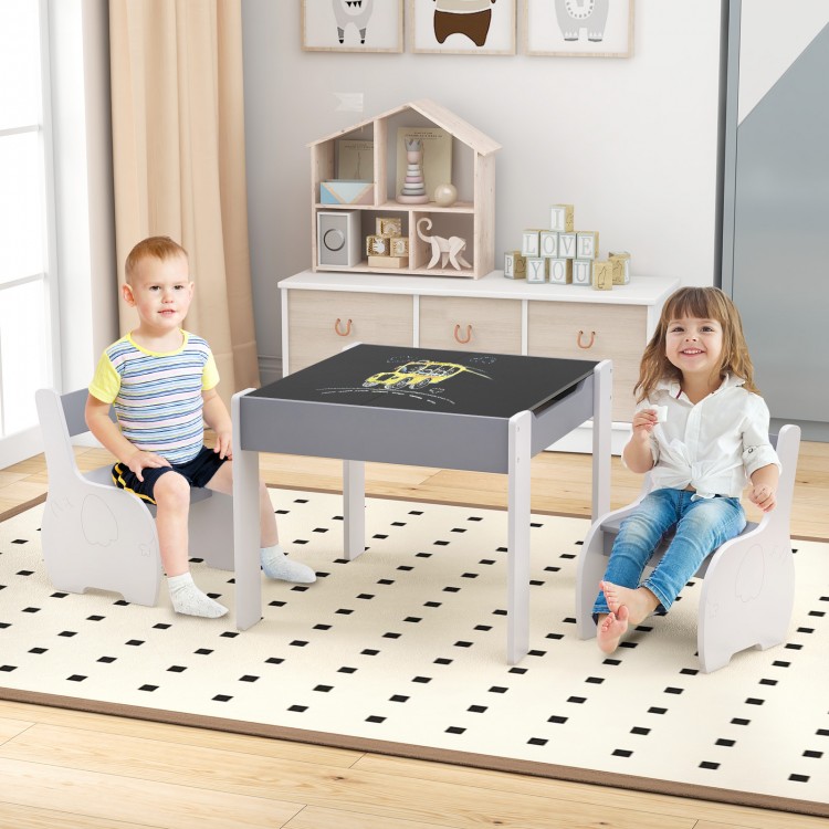 Kids enjoying the 4-in-1 wooden activity table with detachable blackboard and ergonomic chairs in a playroom setting.