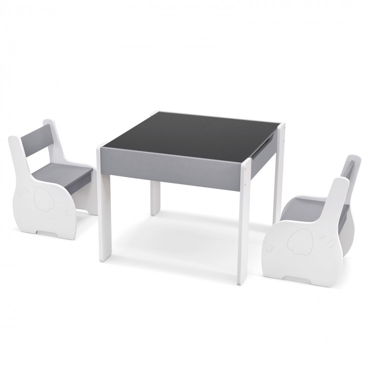 Gray 4-in-1 wooden activity table with detachable blackboard and two chairs, perfect for kids' playroom or daycare.