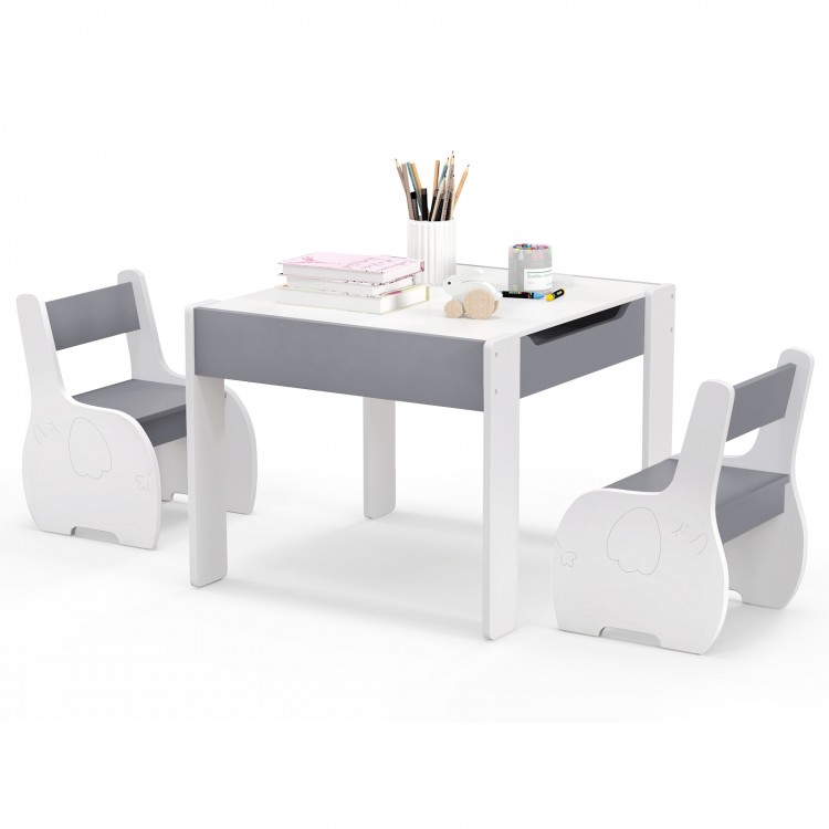 4-in-1 wooden activity table and chairs set in gray, featuring a detachable blackboard and storage, ideal for kids'.