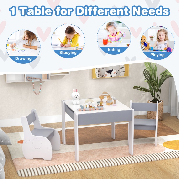 Kids' 4-in-1 wooden activity table and chairs in gray, featuring a detachable blackboard for drawing and playing.