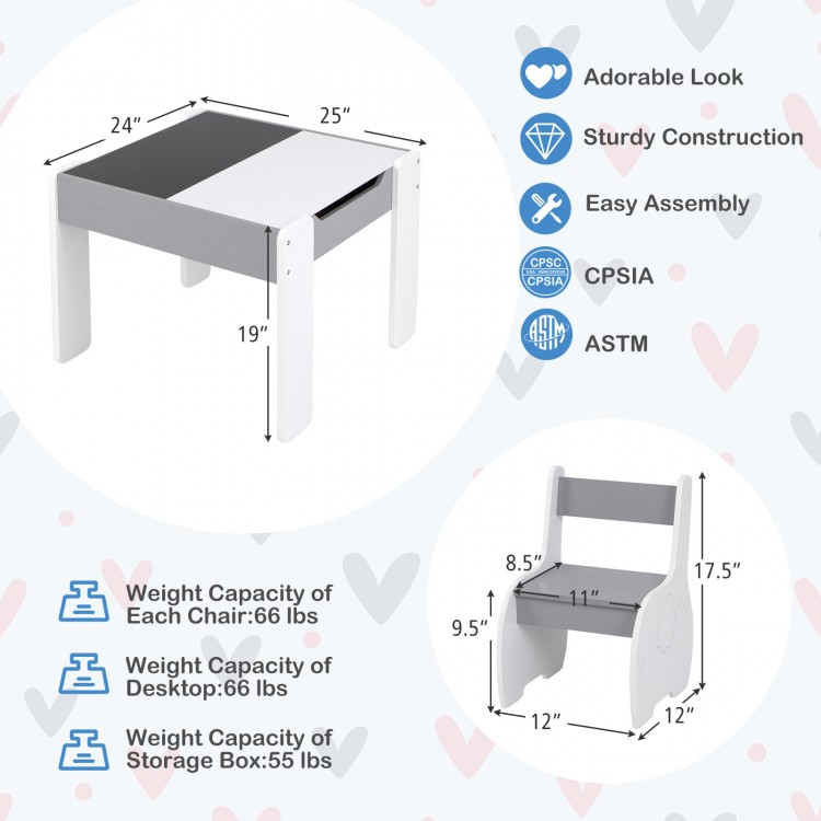 4-in-1 wooden activity table with detachable blackboard and gray finish, ideal for kids' rooms and play areas.