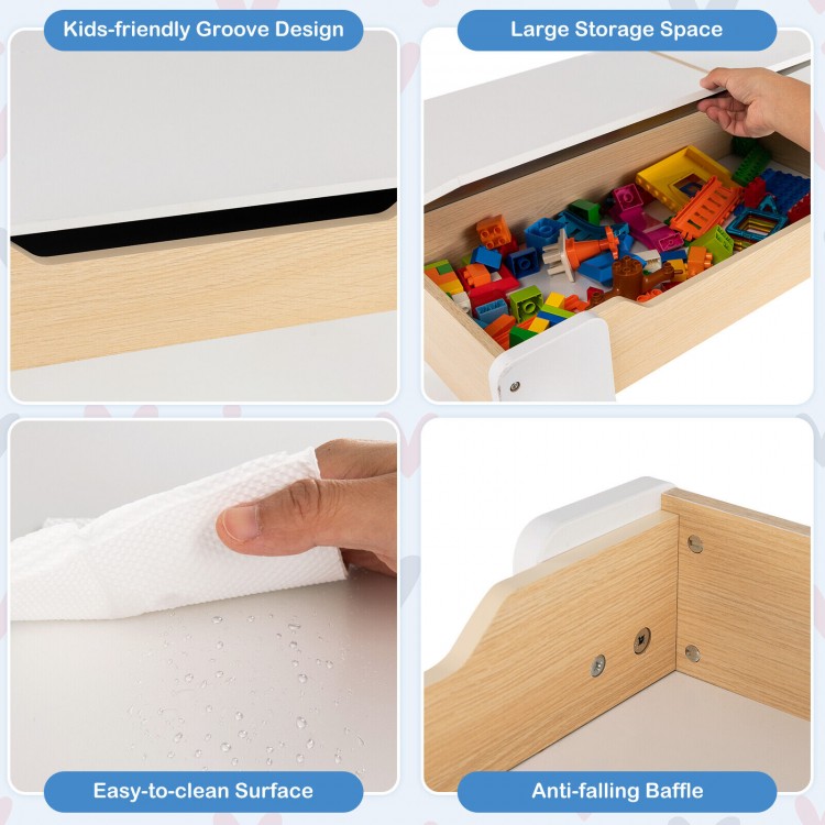 4-in-1 wooden kids table with storage, featuring a detachable blackboard and easy-to-clean surface for playroom use.