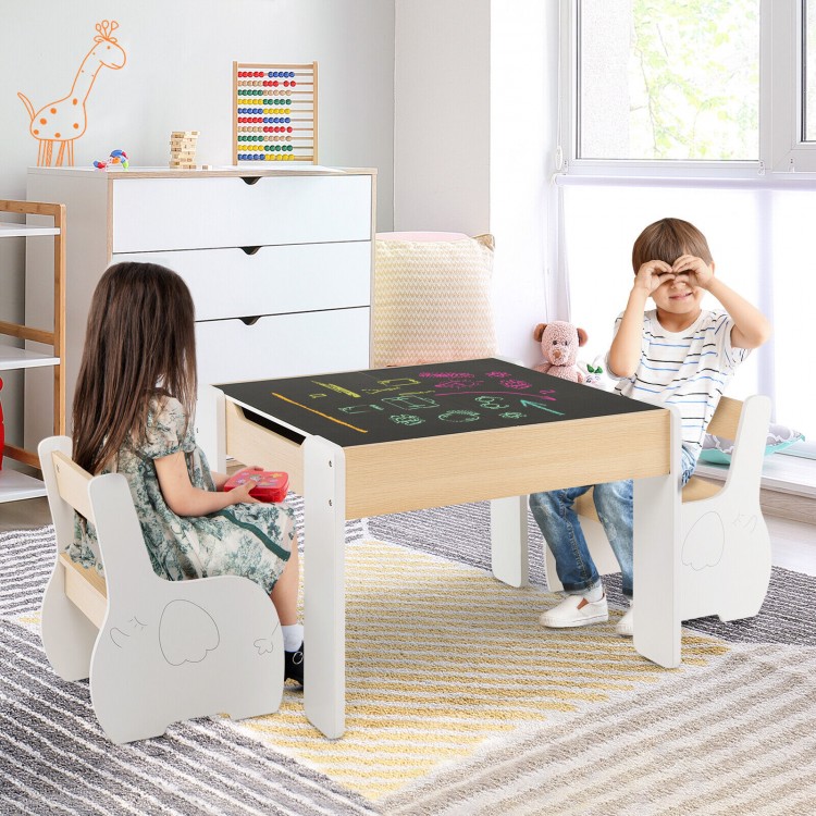Kids enjoying the 4-in-1 wooden activity table with detachable blackboard and storage, perfect for playrooms and.